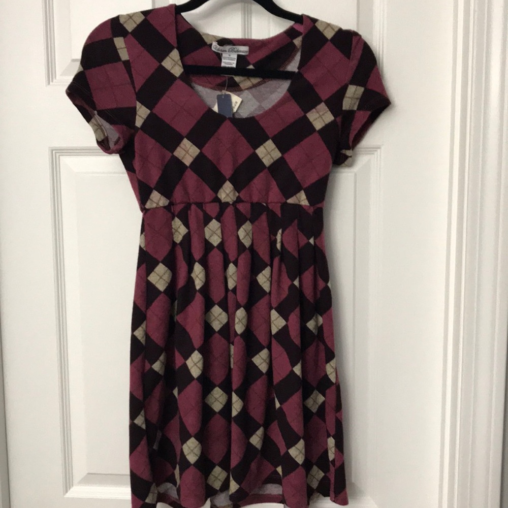 Empire waist and cap sleeve argyle sweater dress